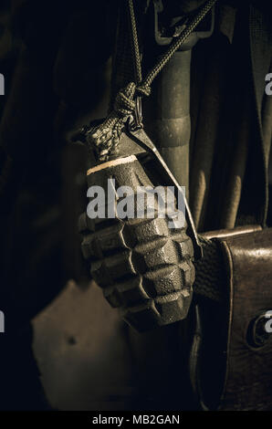 Grenade ,leather pouch and entrenching tool, khaki tones Stock Photo