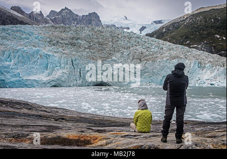 Tourists, in Pía Glacier, Beagle Channel (northwest branch), PN Alberto de Agostini, Tierra del Fuego, Patagonia, Chile Stock Photo