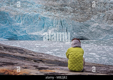 Tourist in Pía Glacier, Beagle Channel (northwest branch), PN Alberto de Agostini, Tierra del Fuego, Patagonia, Chile Stock Photo