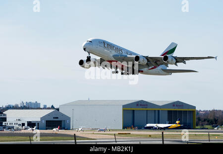 Emirates Airlines Airbus A380 taking off at Birmingham Airport, UK (A6-EUQ)