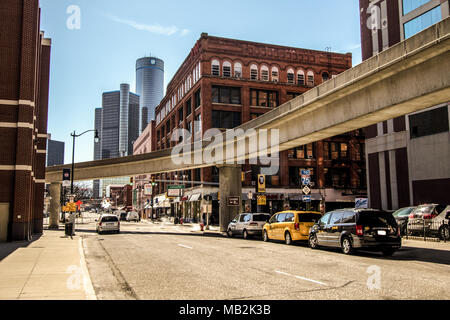 Panorama of the downtown district of Detroit with the Renaissance Center and the People Mover monorail. Detroit is the largest city in Michigan. Stock Photo