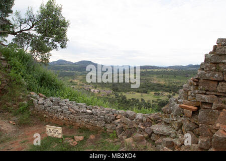 View into the valley from the Royal Enclosure at Great Zimbabwe near Masvingo in Zimbabwe. The ruins of the stonework buildings were the capital of th Stock Photo