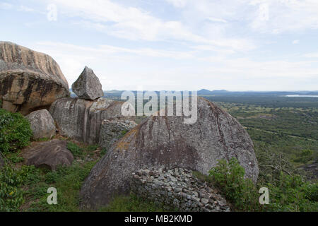 View int the valley from the Royal Enclosure at Great Zimbabwe near Masvingo in Zimbabwe. Stock Photo