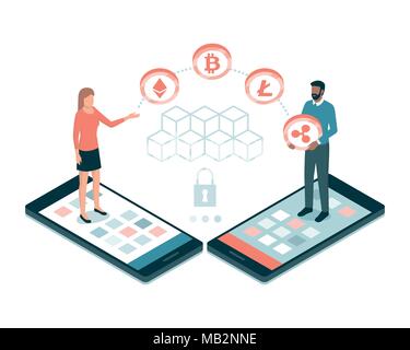 Users making payments with cryptocurrencies and blockchains online, finance and technology concept Stock Vector
