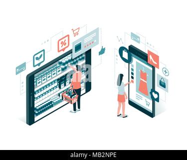 Users doing online shopping and buying grocery items using a mobile app: technology and retail concept Stock Vector