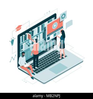 People accessing knowledge online on a virtual library on a laptop, education and e-learning concept Stock Vector