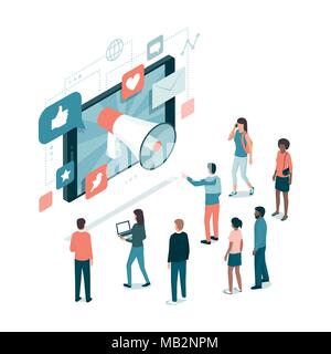 Megaphone sharing advertisement messages on social media on a smartphone, attracting users and new customers: marketing strategies concept Stock Vector