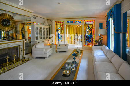 Memphis, TN - Sep. 21, 2017: Living room in Elvis Presley's Graceland Mansion. The mansion is listed in the National Register of Historic Places. Stock Photo