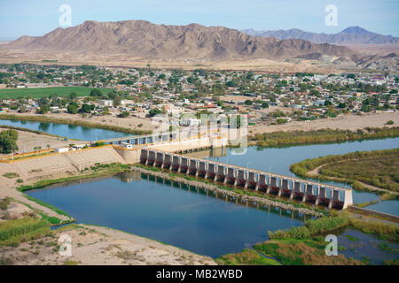 AERIAL VIEW. The end of the Colorado River at the diversion dam of Morelos. Los Algodones, Baja California, Mexico and the United States. Stock Photo