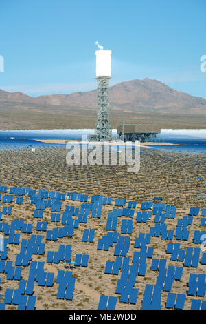 143-meter-high tower receiving the redirected sunlight. Ivanpah Solar Electric Generating System, Nipton, San Bernardino County, California, USA. Stock Photo