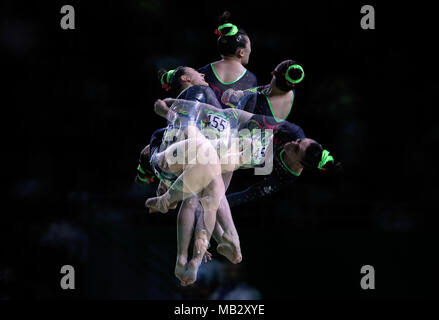 *Multiple Exposure* Wales' Emily Thomas on the Uneven Bars during the Women's Team Final and Individual Qualification at the Coomera Indoor Sports Centre during day two of the 2018 Commonwealth Games in the Gold Coast, Australia. Stock Photo