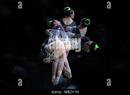 *Multiple Exposure* Wales' Emily Thomas on the Vault during the Women's Team Final and Individual Qualification at the Coomera Indoor Sports Centre during day two of the 2018 Commonwealth Games in the Gold Coast, Australia. Stock Photo