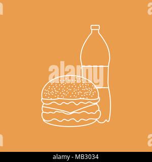 Burger and bottle of soda water. Harmful eating habits. Design for banner and print. Stock Vector