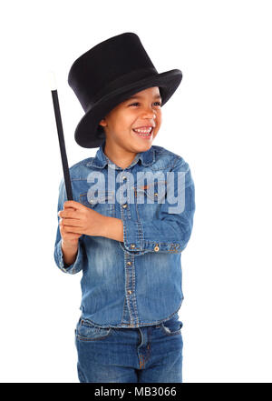 Funny small magician  with a top hat and a magic wand isolated on a white background Stock Photo