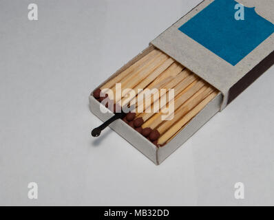 Boxes with whole matches and one burnt match. The concept of the whole and used. Stock Photo