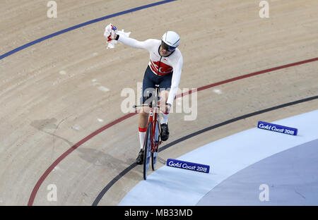 England's Charlie Tanfield celebrates winning gold in the Men's 4000m Individual Pursuit Finals - Gold at the Anna Meares Velodrome during day two of the 2018 Commonwealth Games in the Gold Coast, Australia. Stock Photo