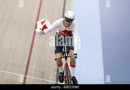 England's Charlie Tanfield celebrates winning gold in the Men's 4000m Individual Pursuit Finals - Gold at the Anna Meares Velodrome during day two of the 2018 Commonwealth Games in the Gold Coast, Australia. Stock Photo