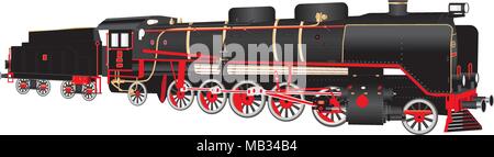 A detailed illustration of a Heavy duty Red and Black Fourteen Wheel Steam  Tender Locomotive with brass and copper fittings  isolated  on white Stock Vector