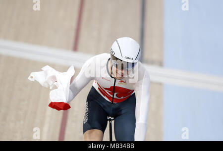 England's Charlie Tanfield celebrates winning gold in the Men's 4000m Individual Pursuit Finals - Gold at the Anna Meares Velodrome during day two of the 2018 Commonwealth Games in the Gold Coast, Australia. PRESS ASSOCIATION Photo. Picture date: Friday April 6, 2018. See PA story COMMONWEALTH Cycling Track. Photo credit should read: Martin Rickett/PA Wire. RESTRICTIONS: Editorial use only. No commercial use. No video emulation. Stock Photo