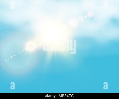 Realistic shining sun with lens flare. Blue sky with clouds background. Vector illustration Stock Vector