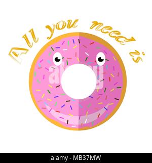 Sweet Glaze Pink Donut. Fast Food Icon Flat Design. Top View. Stock Vector