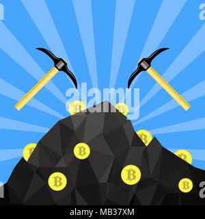 Golden Bitcoin Icon. Crypto Currency Mining with Coins and Pickaxes Stock Vector