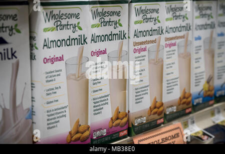 Sterile packaging containers of organic Wholesome Pantry almond 'milk' are seen in a supermarket in New York on Tuesday, March 27, 2018. Wholesome Pantry is the organic, healthier brand of ShopRite. (Â© Richard B. Levine) Stock Photo
