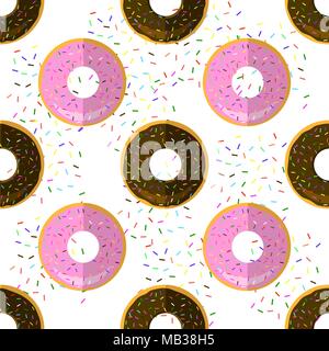 Sweet Glazed Colorful Donut Seamless Pattern on Sprinkles Background. Fast Food Texture Stock Vector