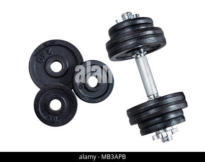 Gym dumbbells on white background. Photograph taken from above Stock Photo