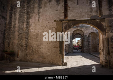 PIOMBINO, TUSCANY, ITALY - Avril 01, 2018: Piombino, Tuscany, Italy - complex of the castle with the Torrione and the RIvellino Stock Photo
