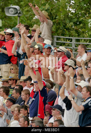 Cricket fans cheer and have fun at the Twenty20 cup final day at the Rose Bowl Hampshire. Stock Photo