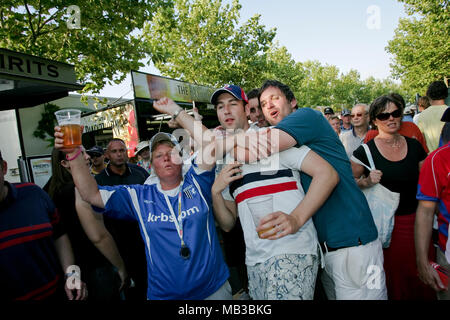 Cricket fans drinking alcohol and cheering at the 2008 Twenty20 cup finals day at the Rose Bowl Hampshire. Stock Photo