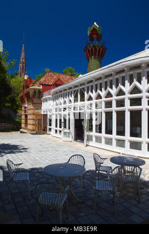 Comillas, Spain - July 3, 2017: Palace of El Capricho or Villa Quijano by the architect Gaudi in modernist style with tourists in the village of Comil Stock Photo