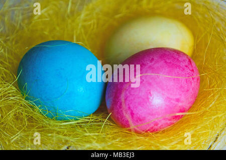 colorful Easter eggs on yellow decorative straw. Stock Photo