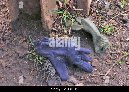 Lost odd gloves on muddy path in park in winter Stock Photo