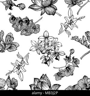 Seamless pattern of hand drawn sketch style exotic flowers isolated on white background. Vector illustration. Stock Vector