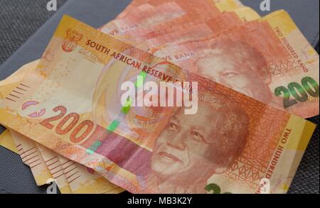 200 Rand bank notes from South Africa showing portrait of Nelson Mandela Stock Photo