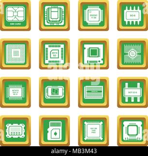 Computer chips icons set green square vector Stock Vector