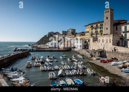 PIOMBINO, TUSCANY, ITALY - Avril 01, 2018: Piombino, Tuscany, Italy - ancient fishing port with the Citadel Stock Photo
