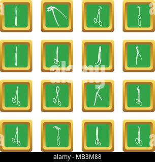 Surgeons tools icons set green square vector Stock Vector