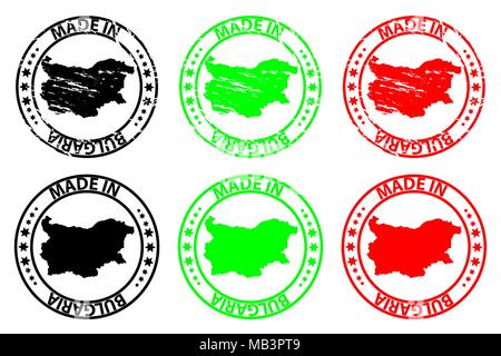 Made in Bulgaria - rubber stamp - vector, Bulgaria map pattern - black,green and red Stock Vector