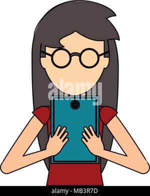 avatar woman with glasses and using a tablet over white background, colorful design. vector illustration Stock Vector