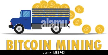 Vector illustration of truck carry bitcoin overflow falling on the floor after mining Stock Vector