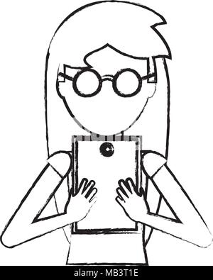 sketch of avatar woman with glasses and using a tablet over white background, vector illustration Stock Vector