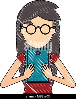 avatar woman with glasses and using a tablet over white background, colorful design. vector illustration Stock Vector