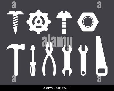Manual tools and instruments set, white isolated icons on dark bacground Stock Vector
