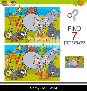 Cartoon Illustration of Finding Seven Differences Between Pictures Educational Activity Game for Children with Wild Animals Characters Group Stock Vector