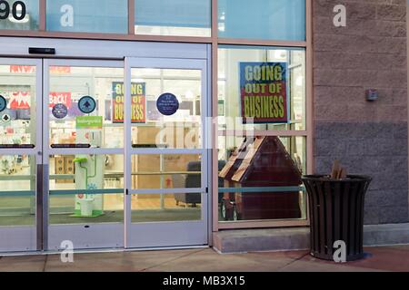 Entryway to Babies R Us store in Dublin, California, with sign reading Going Out of Business, following the bankruptcy of parent company Toys R Us, March 26, 2018. () Stock Photo