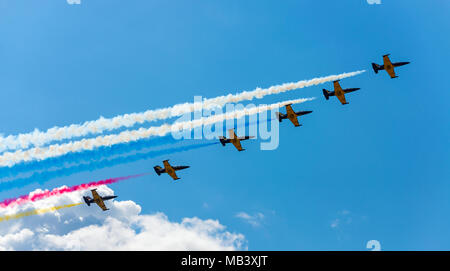 ZHUKOVSKY, MOSKOW REGION, RUSSIA - July 23, 2017: A group of Russian military aircraft on a demonstration show MAKS-2017 Stock Photo