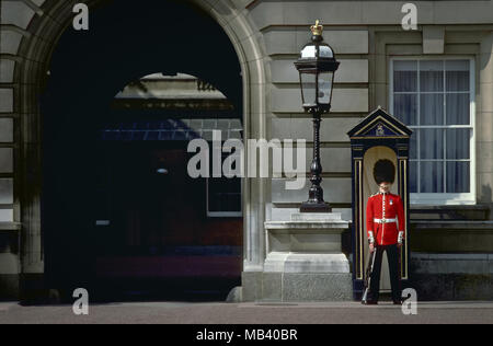 The Queen's Guard consists of contingents of infantry and cavalry soldiers charged with guarding the official royal residences in the United Kingdom. Stock Photo